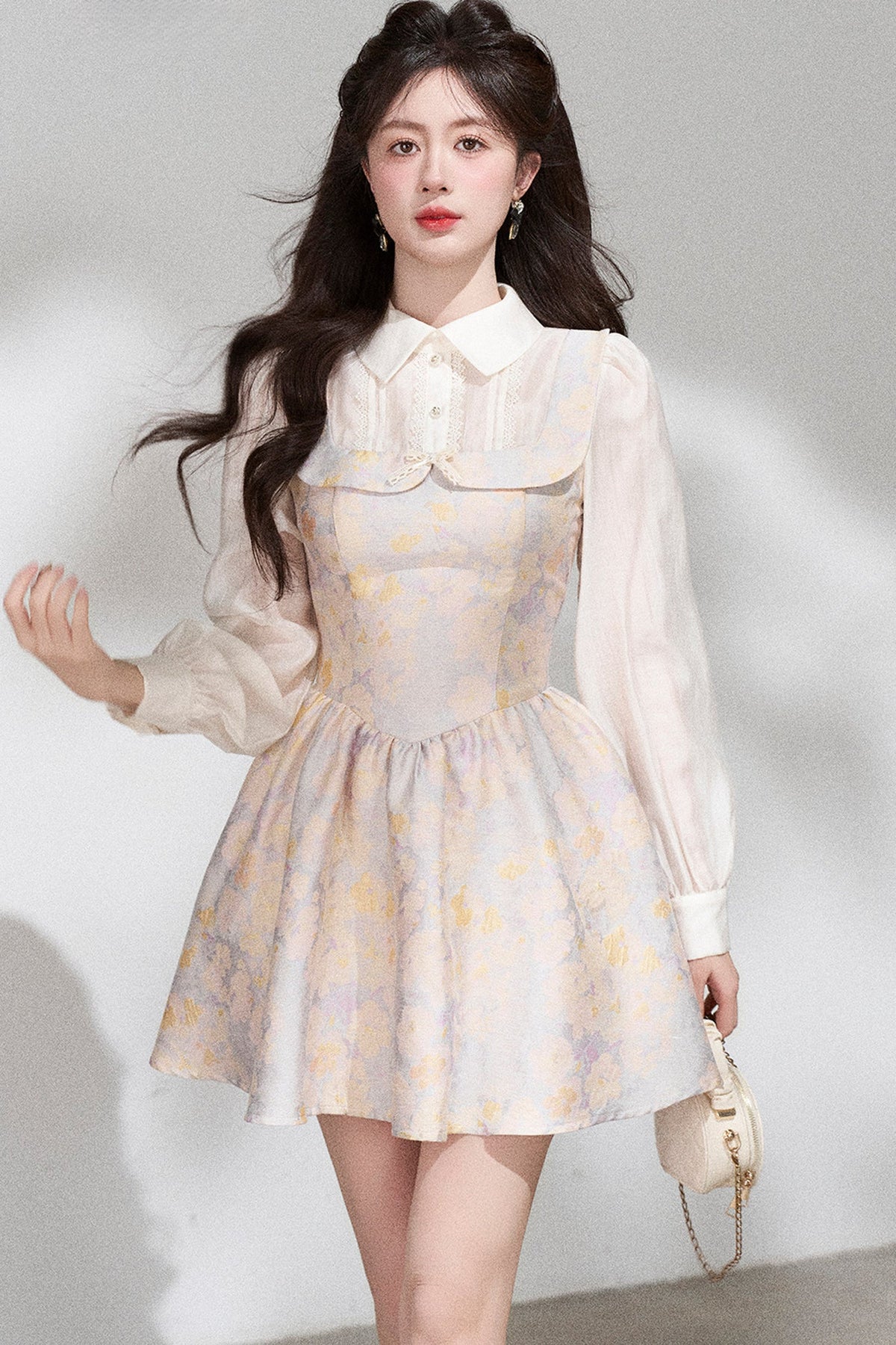 Layered-Look Long-Sleeve Jacquard Dress