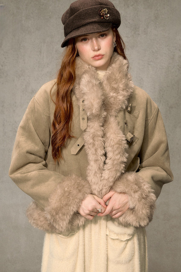 Oatmeal Chocolate Fur Trim Asymmetrical Jacket