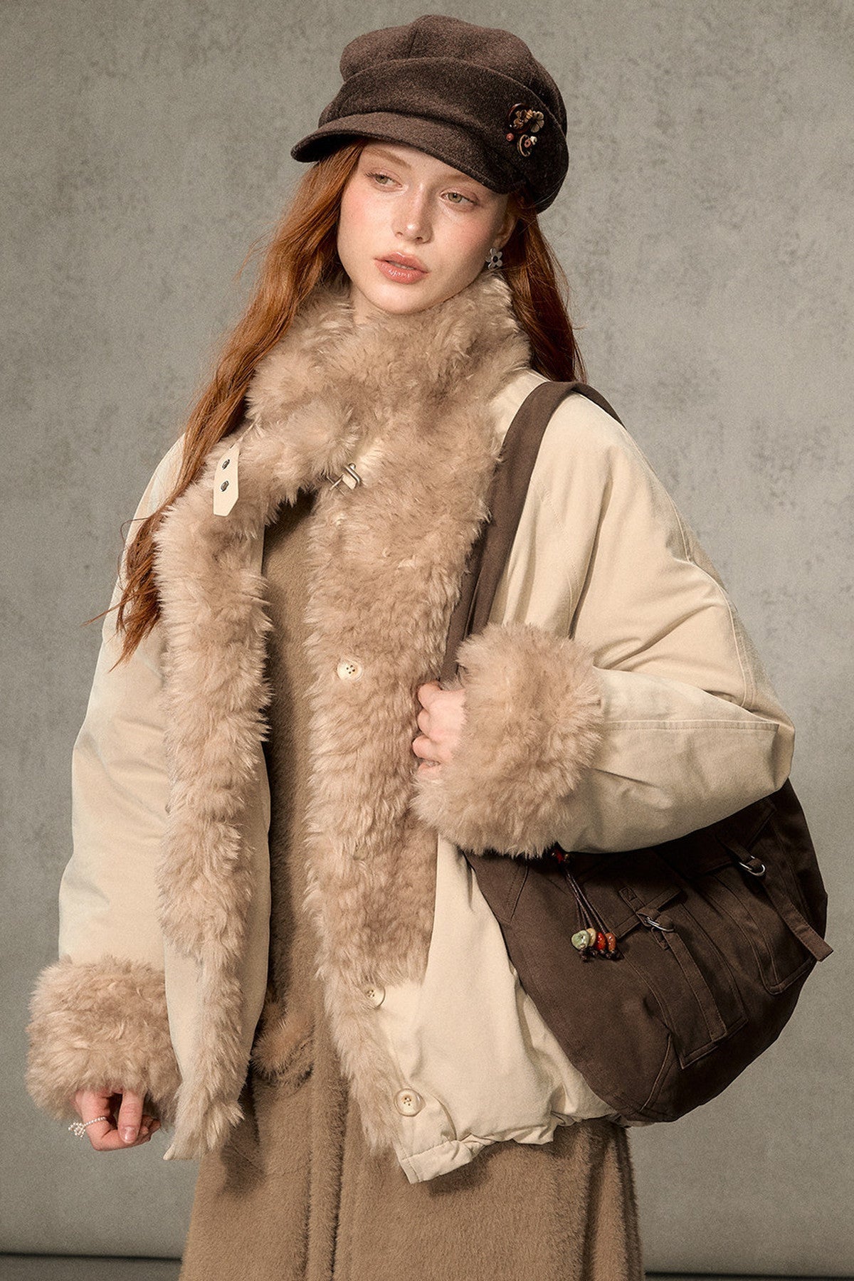 Wheat Spike Floral Plush Stand Collar Jacket