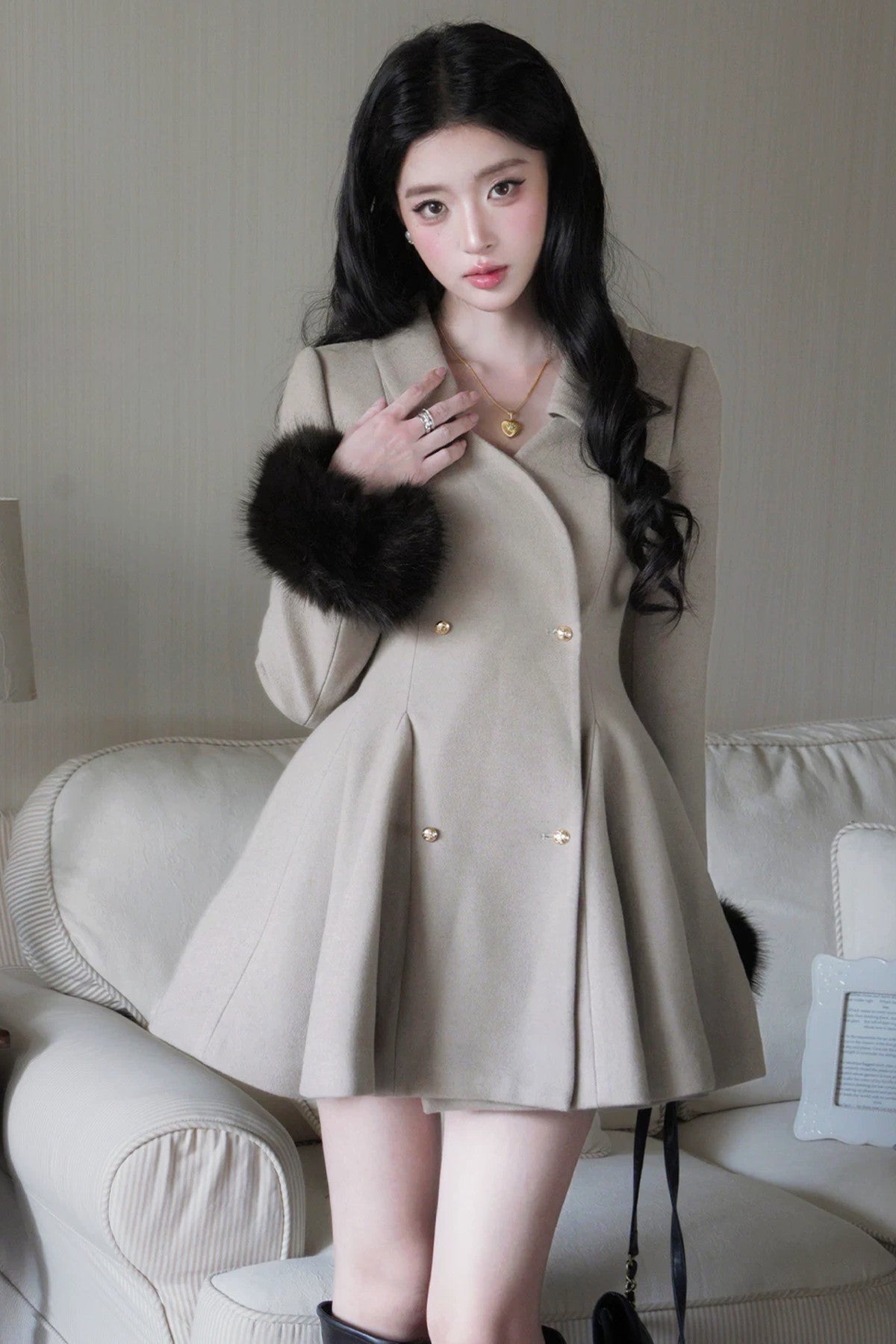 Detachable Fur Collar Double-Breasted Wool Jacket