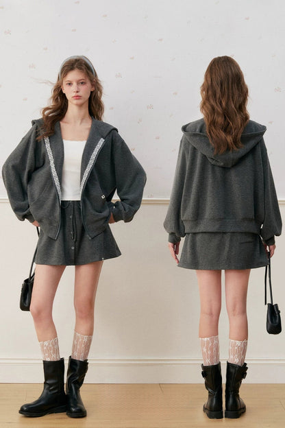 Lace Trim Hoodie And A-Line Skirt Set-Up