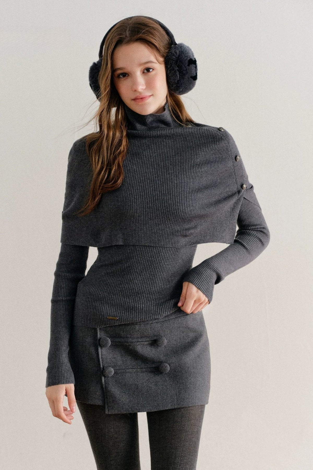 Long-Sleeve Wool Lyocell Knit Top and Detachable Cape Shawl Set