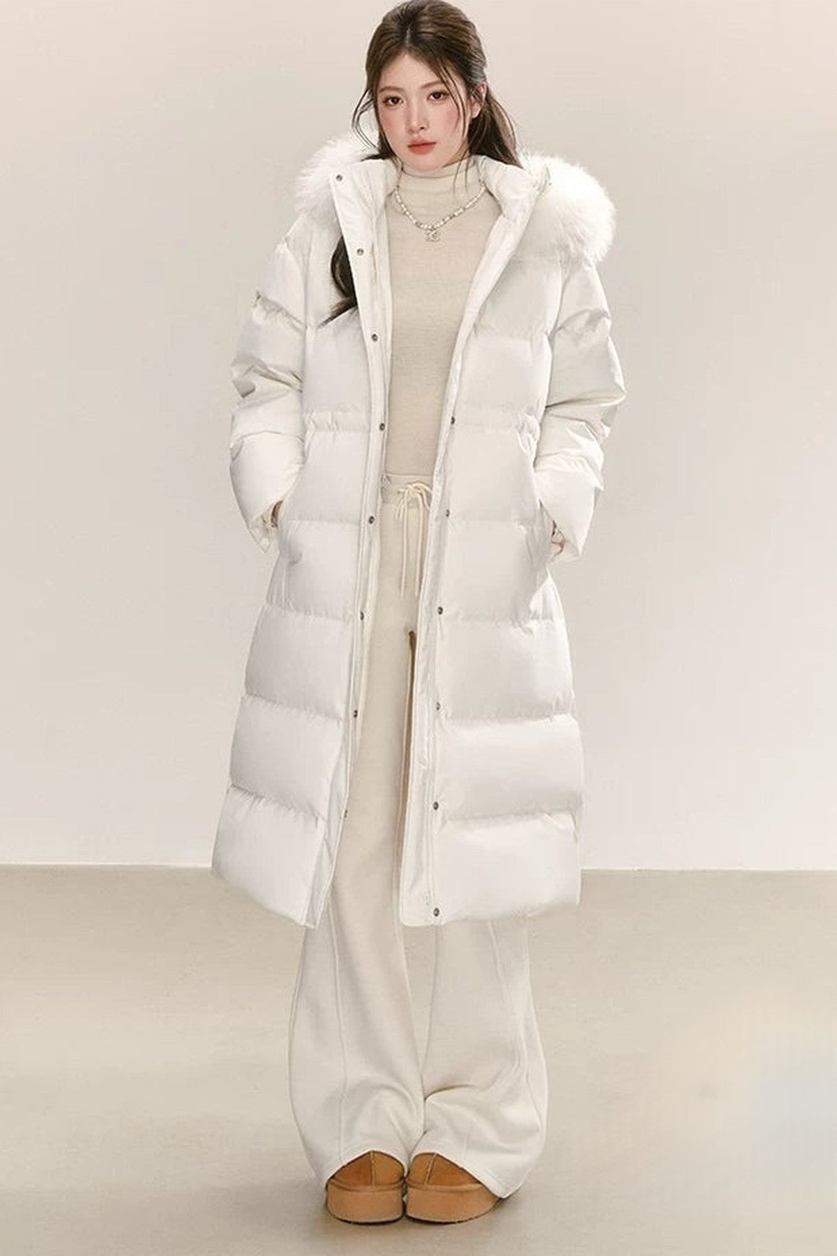 White Raccoon Fur Collar Down Jacket