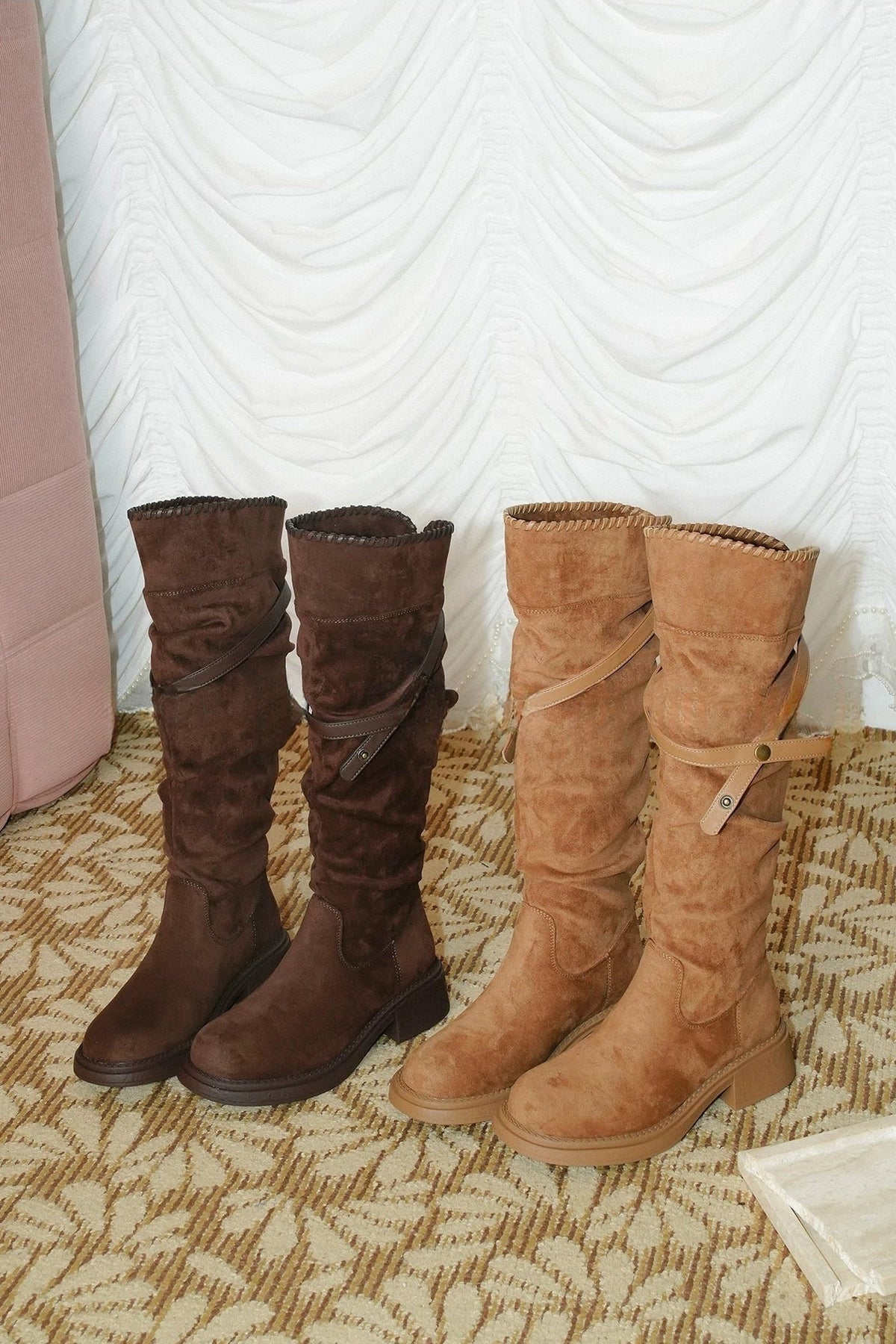 Retro Suede Slouchy Boots With Belt Buckle