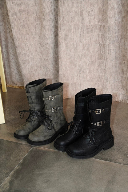 Thick-Soled Lace-Up Buckle Riding Boots