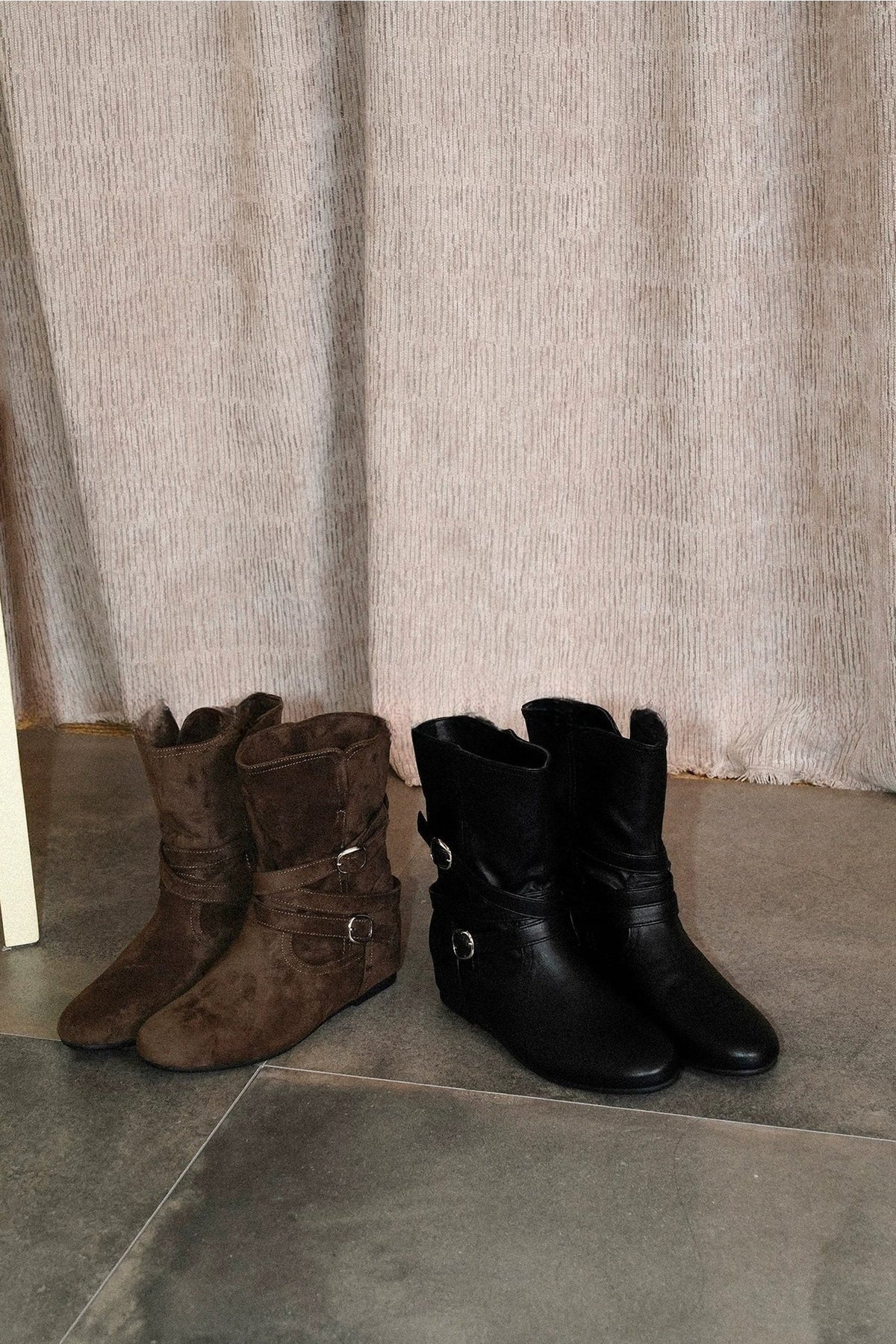Round Toe Buckle Wedge Boots