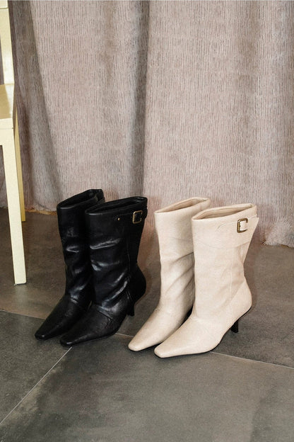 Square-Toe Leather Stiletto Boots