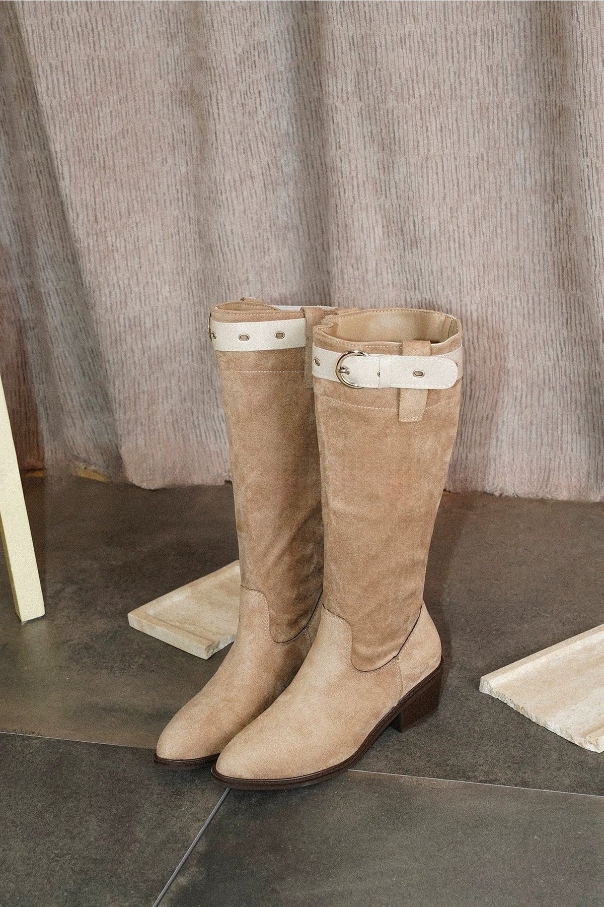 Suede Slouch Boots With Buckle