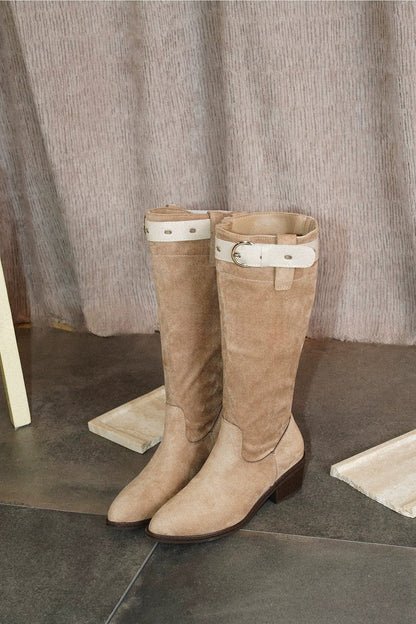 Suede Slouch Boots With Buckle