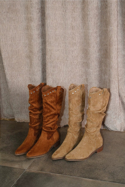 Studded Suede Slouch Boots