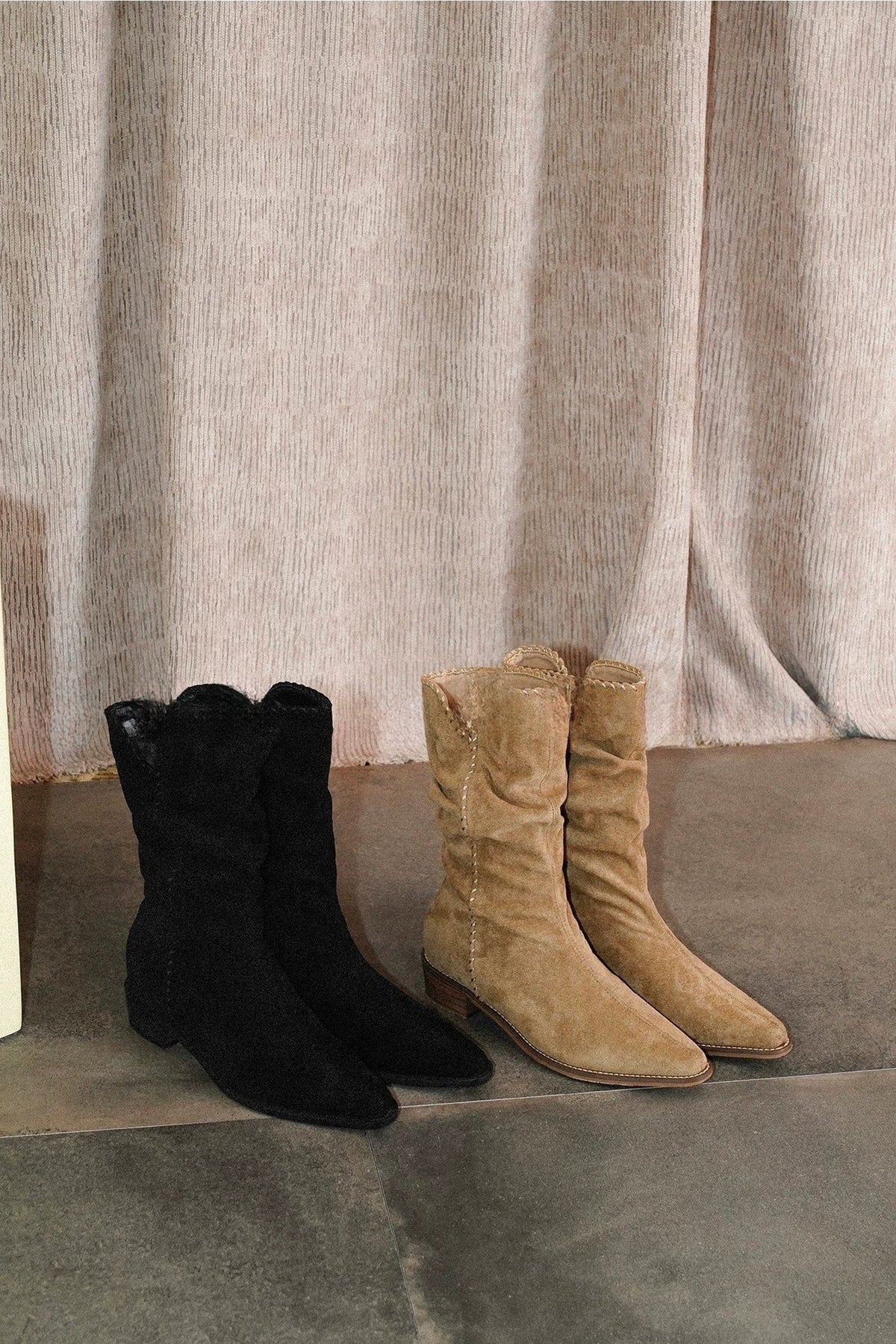 Woven Pointed Toe Chunky Heel Short Boots