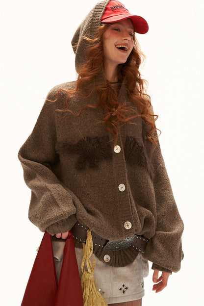 Cat Silhouette Hooded Air Fleece Cardigan