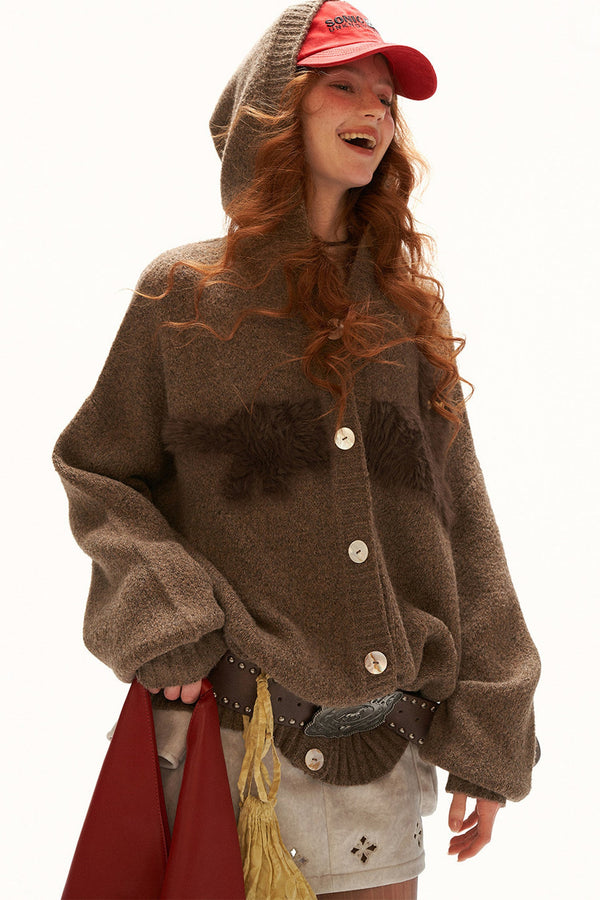 Cat Silhouette Hooded Air Fleece Cardigan
