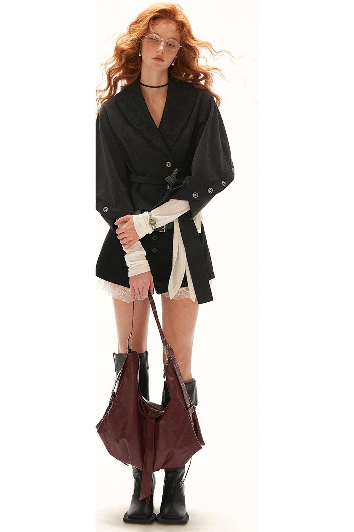 Plaid Suede-Like Leather Patchwork Cinched Waist Jacket