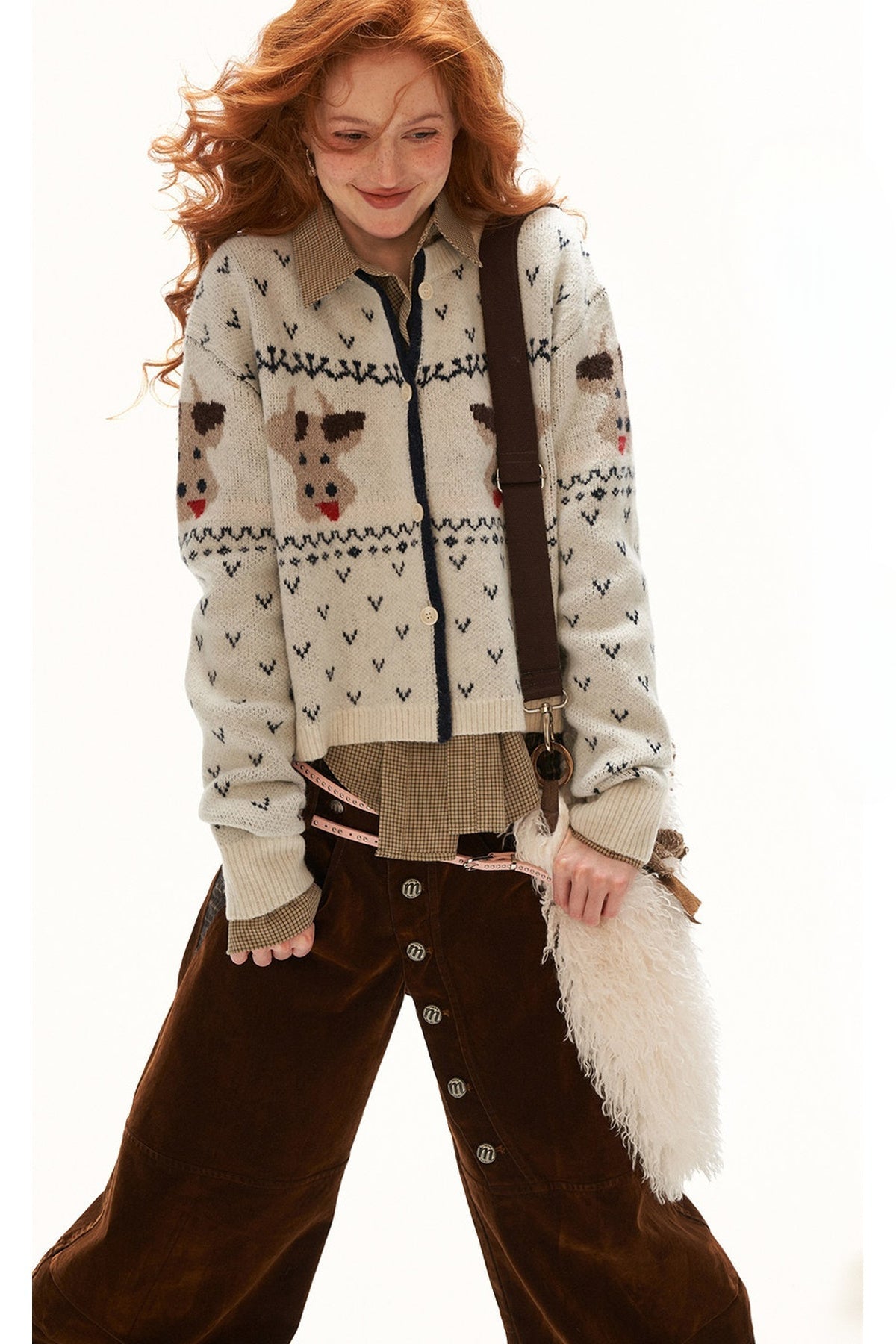 Cardigan ampio a maglia con motivo Fair Isle e mucca