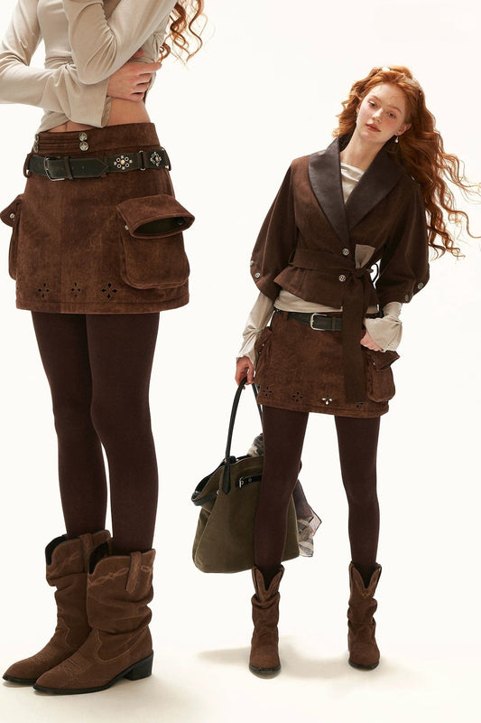 Dense Weave Velvet Flap Pocket Pantskirt