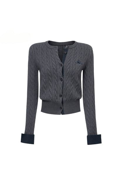Color-Blocked Polka Dot Cable Knit Cardigan
