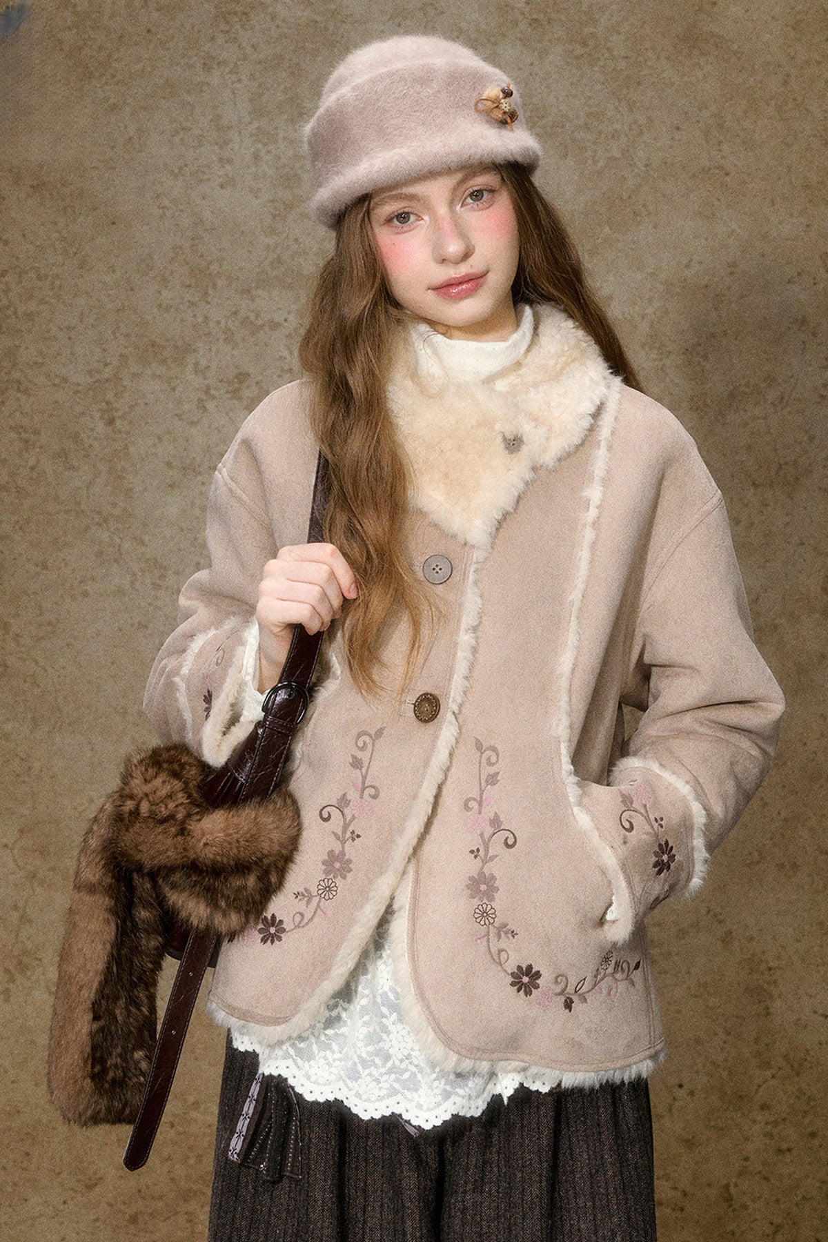 Embroidered Branch Snow Faux Suede Jacket