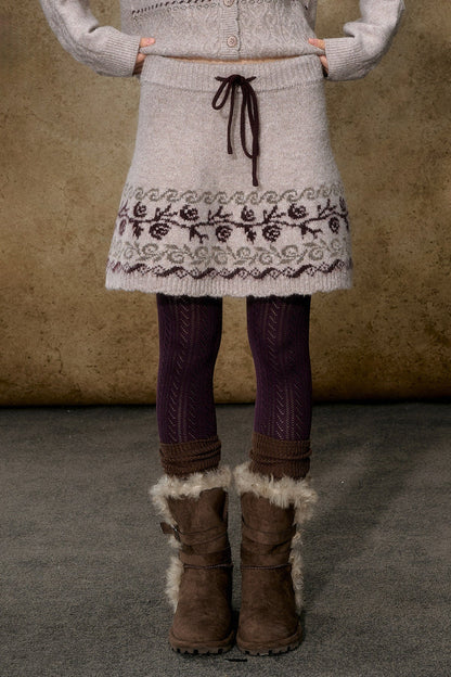 High-Waisted Floral Jacquard Knit A-Line Drawstring Skirt Set-Up