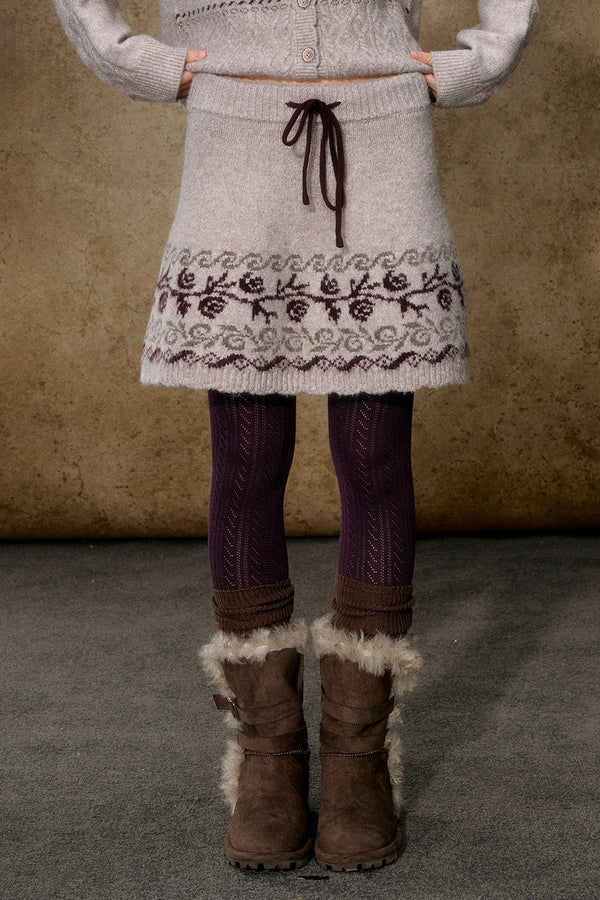 High-Waisted Floral Jacquard Knit A-Line Drawstring Skirt Set-Up