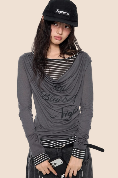 Long Sleeve Swing Collar Printed Top