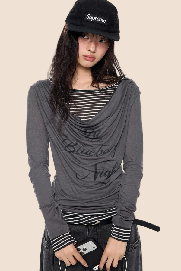 Long Sleeve Swing Collar Printed Top