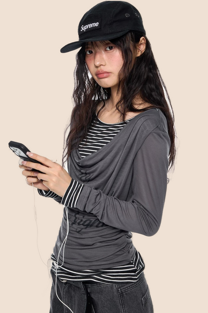 Long Sleeve Swing Collar Printed Top