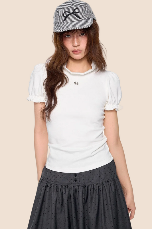 Puff Sleeve Lace Dog Print Sweet Top