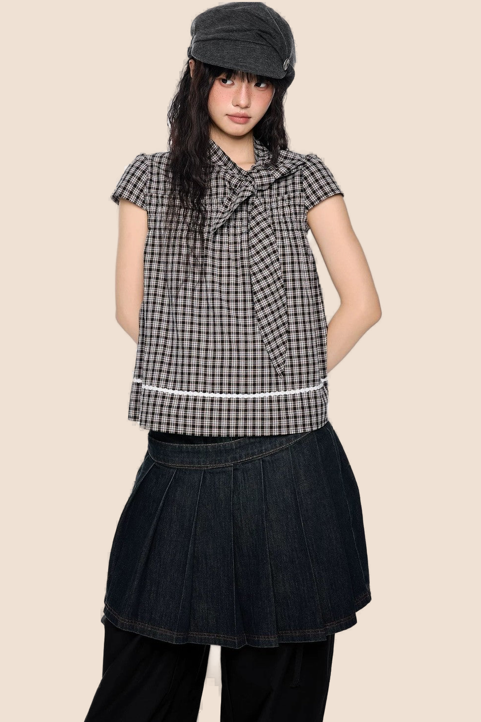 Plaid Bow Tie Color-Block T-Shirt