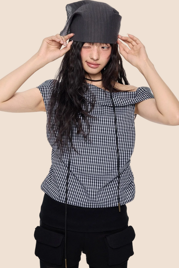 Plaid One-Shoulder Retro Top