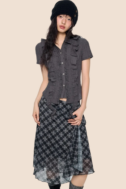Striped Ruffle Tie Short Sleeve Blouse