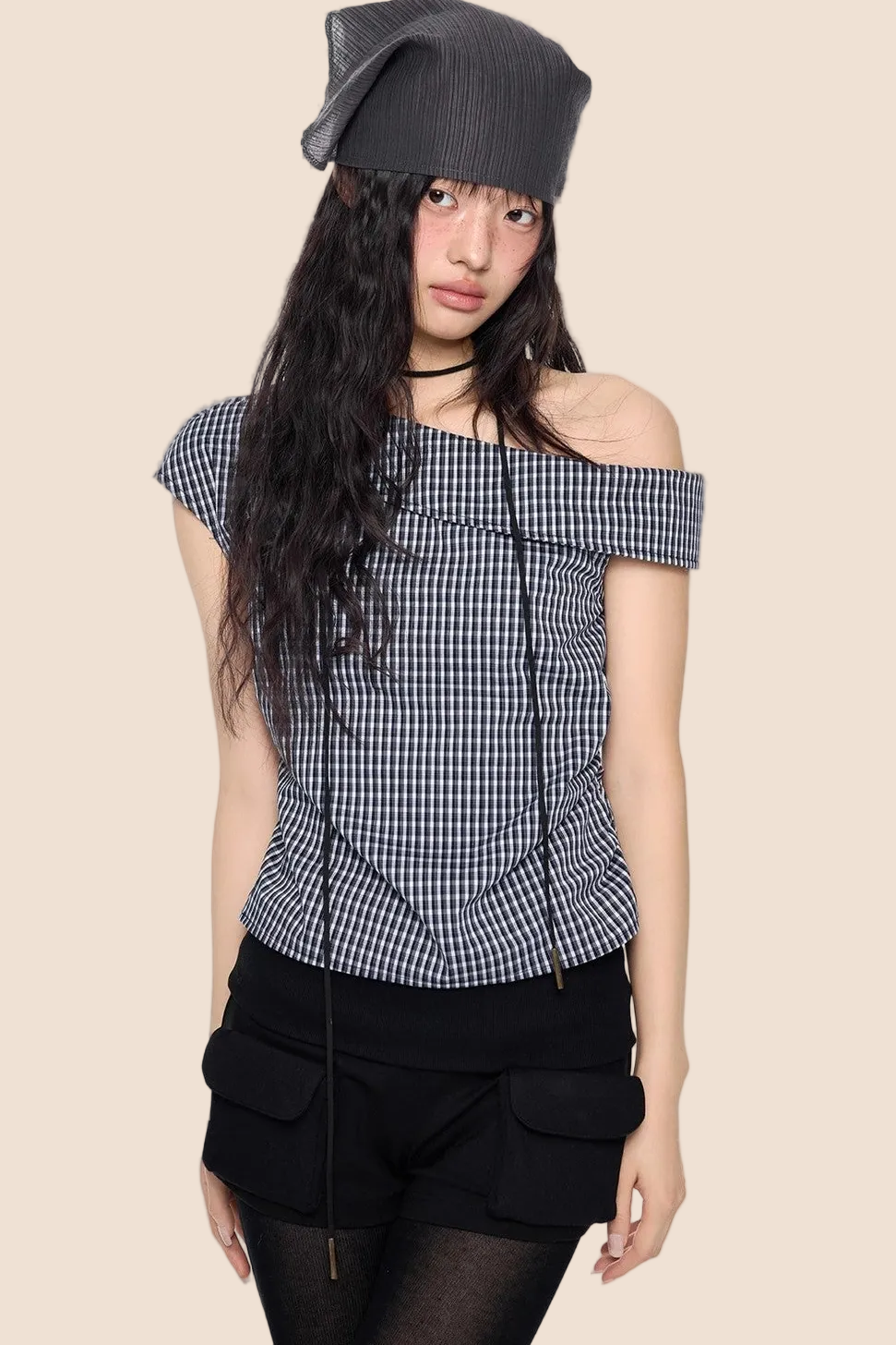 Plaid One-Shoulder Retro Top