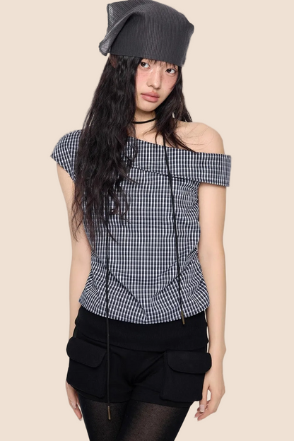 Plaid One-Shoulder Retro Top