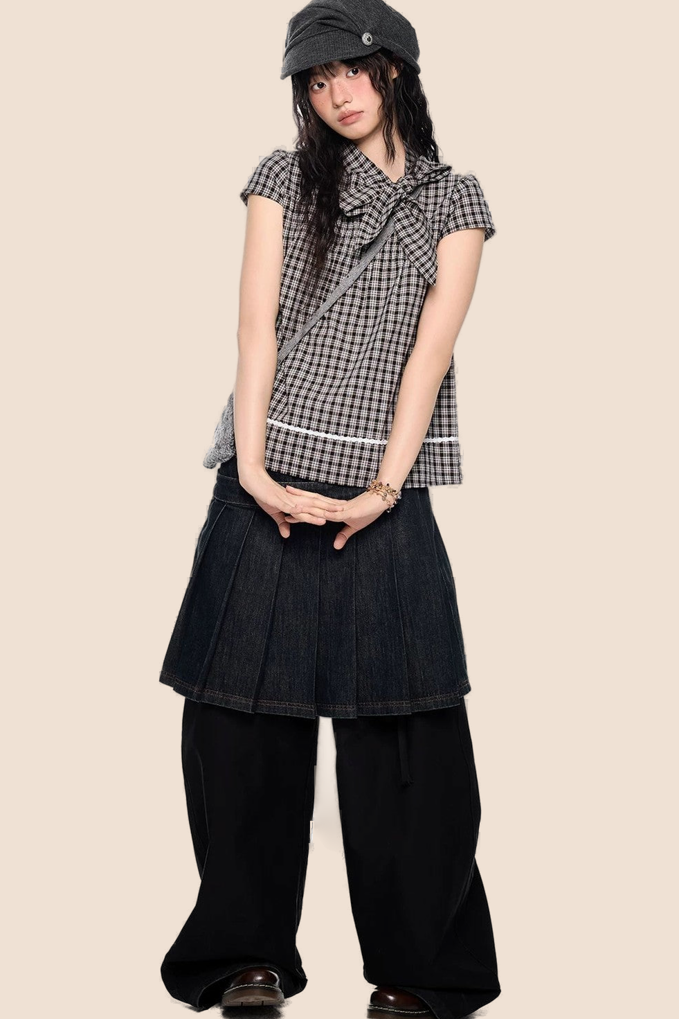 Plaid Bow Tie Color-Block T-Shirt