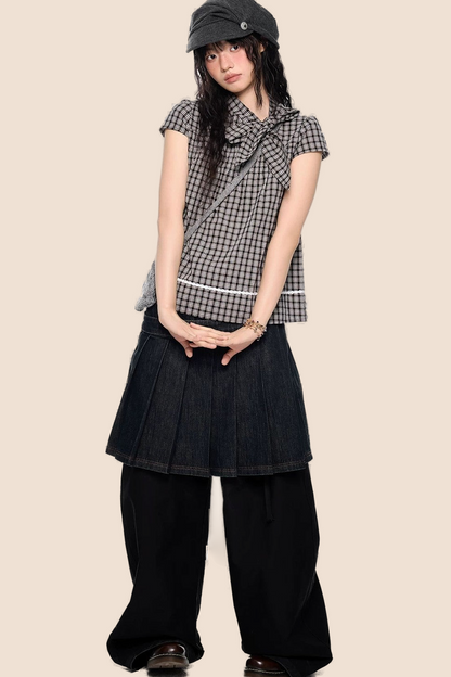 Plaid Bow Tie Color-Block T-Shirt