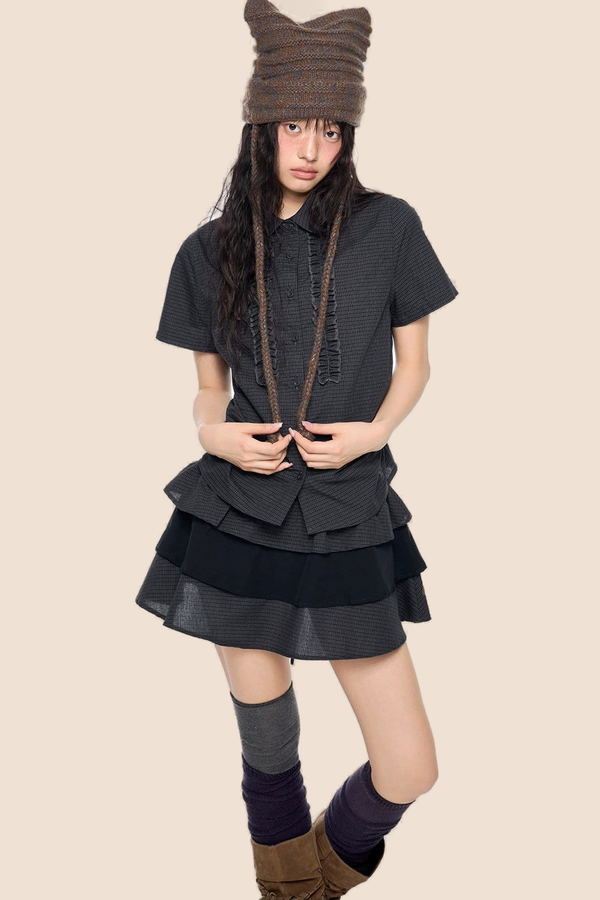 Plaid Shirt and Tiered Skirt Set