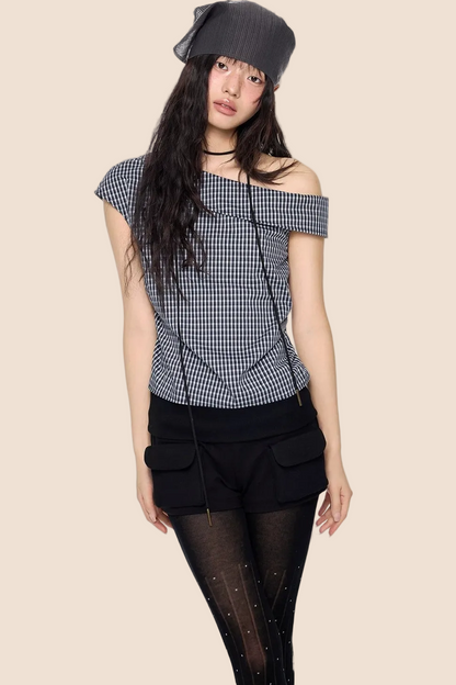 Plaid One-Shoulder Retro Top