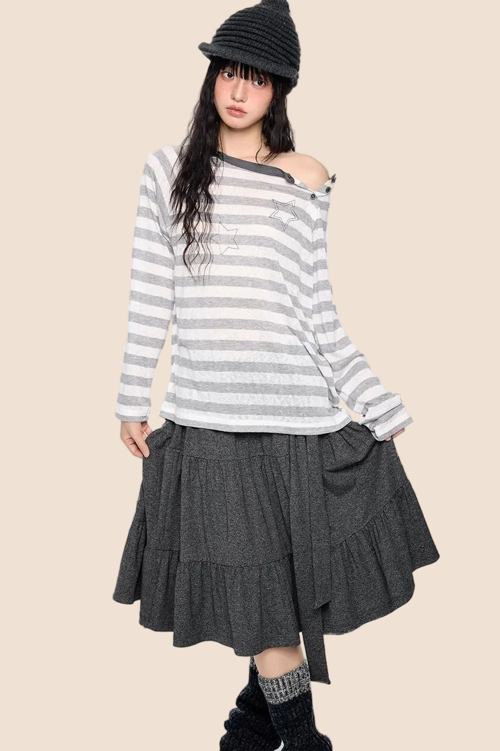 Deconstructed Striped Star Print Long Sleeve Tee