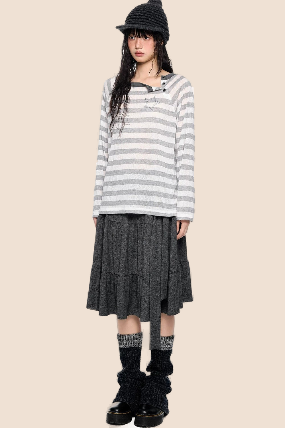 Deconstructed Striped Star Print Long Sleeve Tee