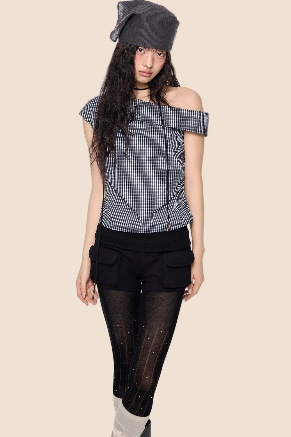 Plaid One-Shoulder Retro Top