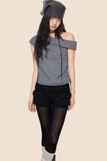 Plaid One-Shoulder Retro Top