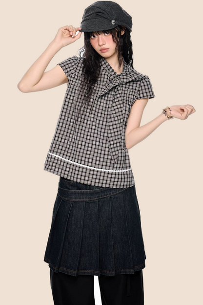 Plaid Bow Tie Color-Block T-Shirt