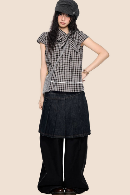 Plaid Bow Tie Color-Block T-Shirt