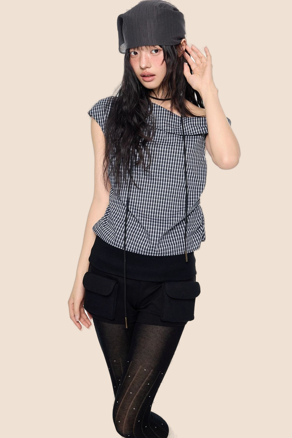 Plaid One-Shoulder Retro Top