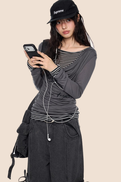 Long Sleeve Swing Collar Printed Top