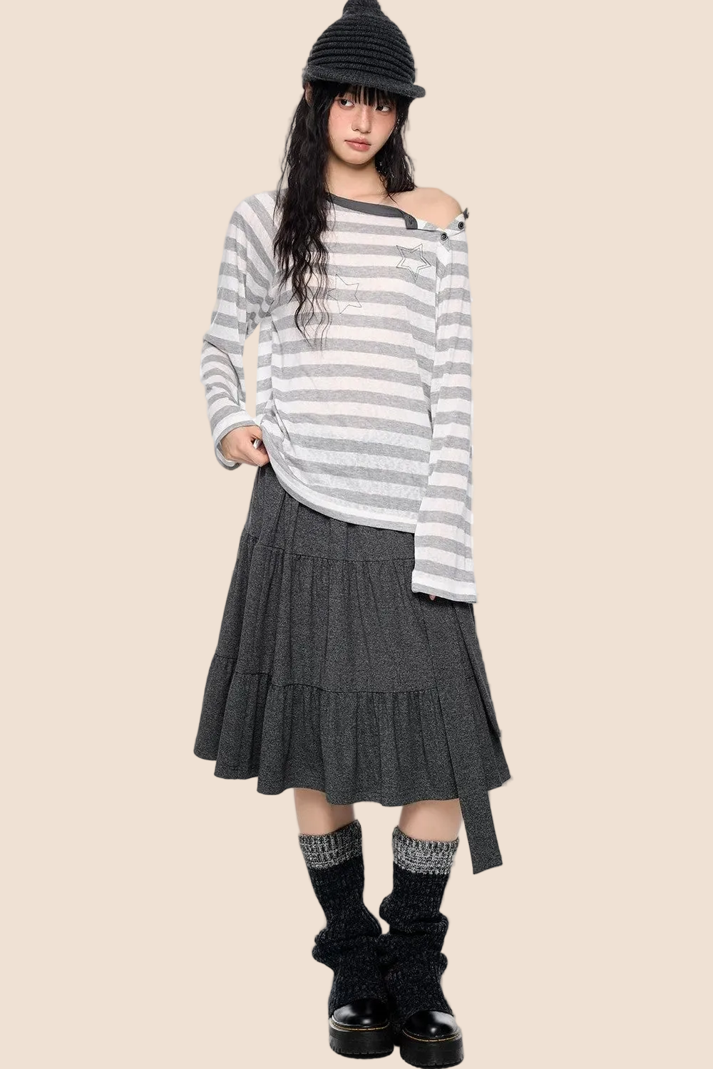 Deconstructed Striped Star Print Long Sleeve Tee