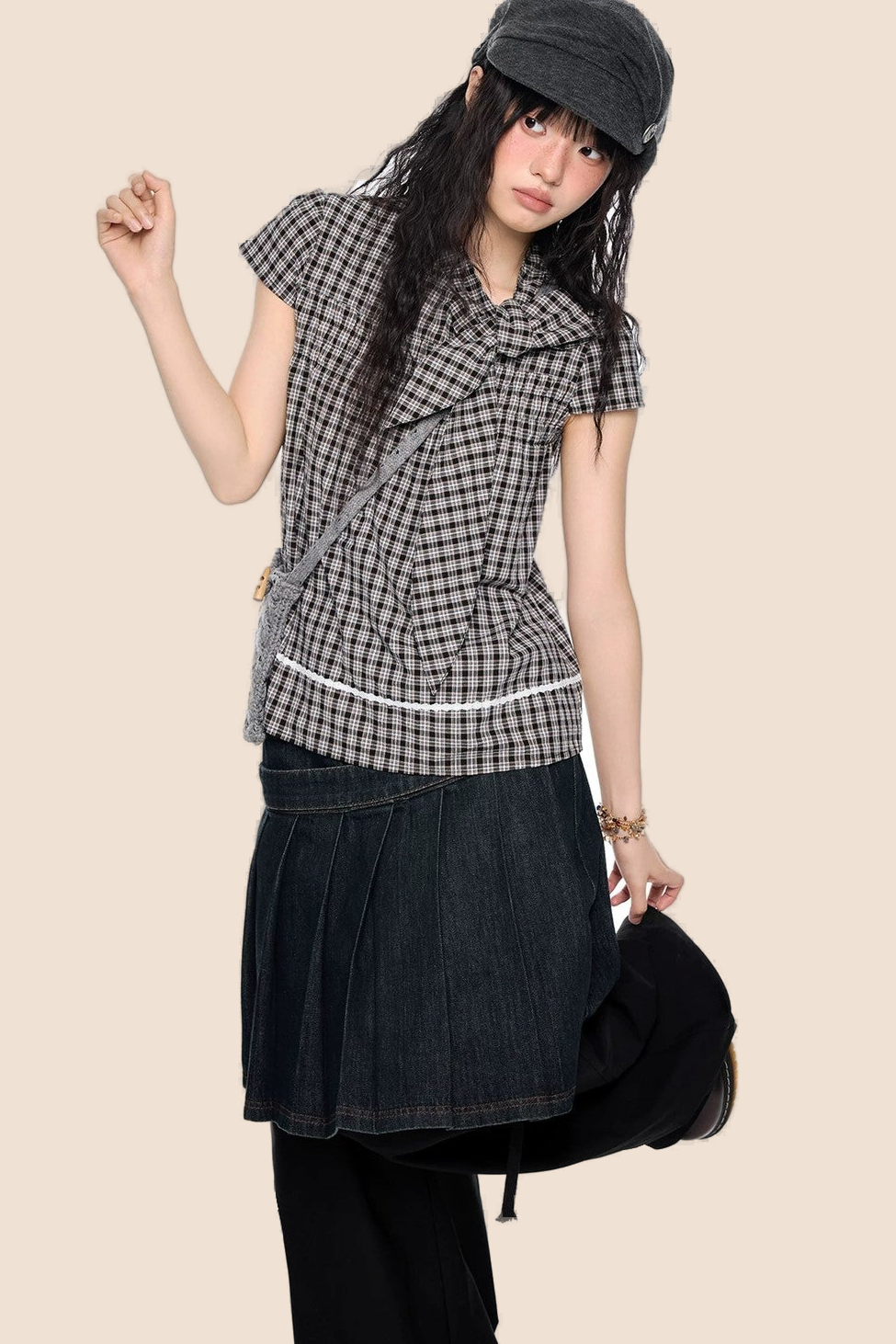 Plaid Bow Tie Color-Block T-Shirt