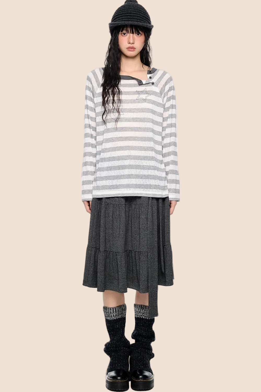 Deconstructed Striped Star Print Long Sleeve Tee