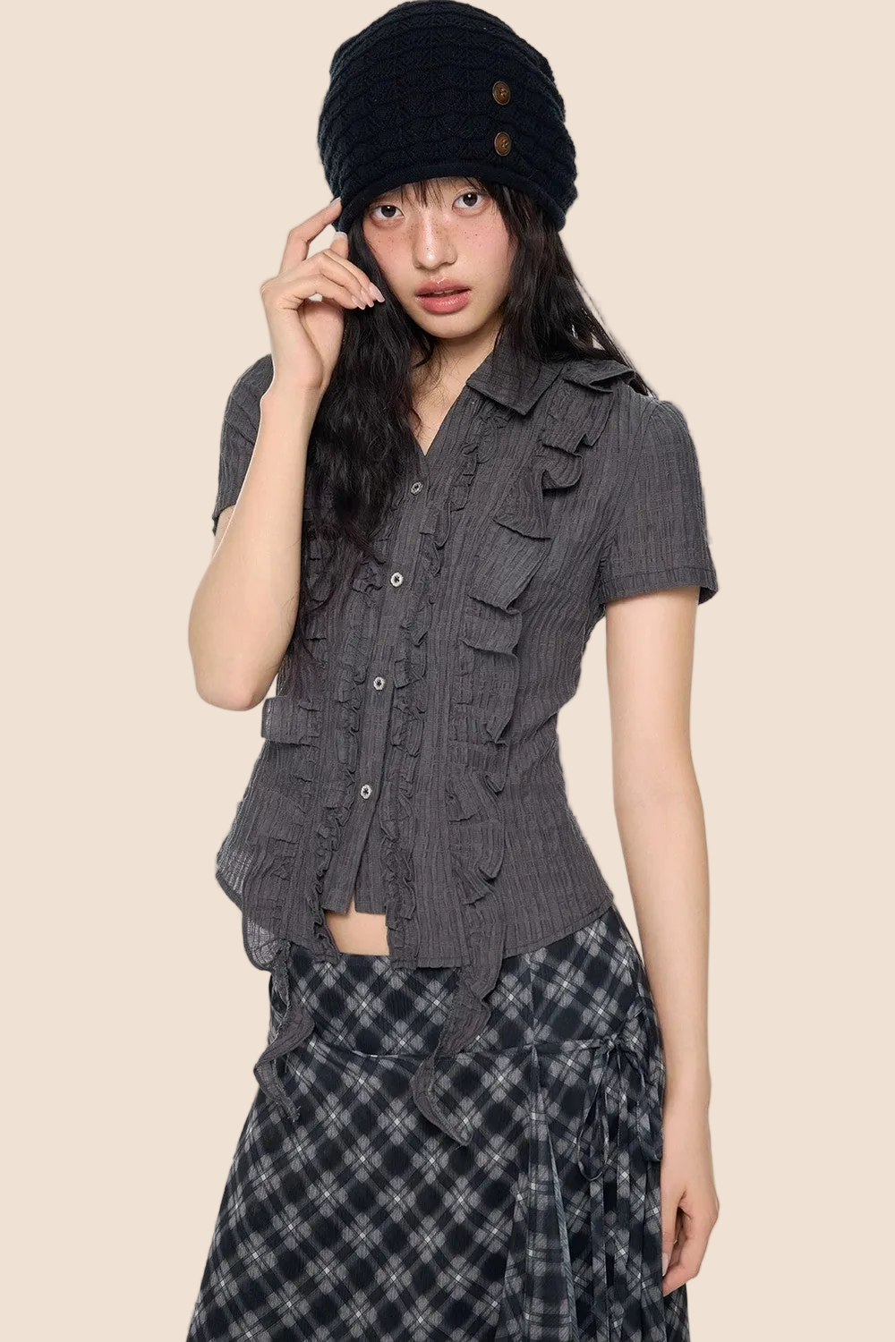 Striped Ruffle Tie Short Sleeve Blouse