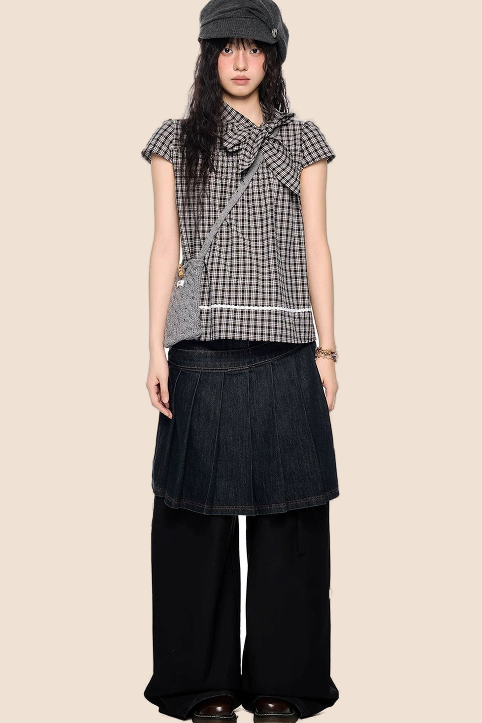Plaid Bow Tie Color-Block T-Shirt